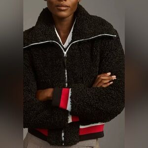 Maeve Black Sherpa Wool Letterman Striped Collared Cropped Bomber Jacket